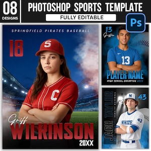 Banner sportivo modificabile in formato PSD / Modello di poster personalizzato per atleti / Design digitale per baseball e softball / Sovrapposizione di foto sportive per senior