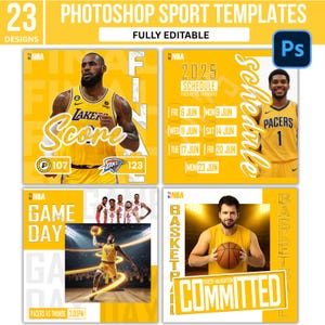 4つのPhotoshopスポーツソーシャルメディアテンプレート、試合日、試合日、最終スコア、スケジュールスポーツグラフィック用の編集可能なテンプレート