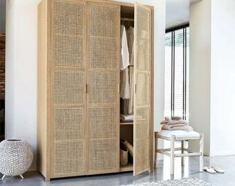 Dreamhause style Wooden Wardro Nordic Solid Wood Rattan 3 doors Wardrobe Home Storage Large Hanging Cabinet