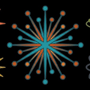 May include: A collection of five graphic icons on a black background, including a coral boomerang star, a yellow sunburst, a large teal and orange starburst with circular tips, a light green atom symbol, and a dark gray atom symbol.