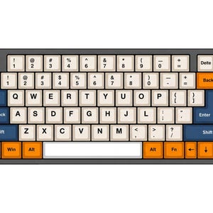 May include: A mechanical keyboard layout featuring a mix of cream, dark blue, and orange keycaps. The alphanumeric keys are cream with black lettering, while the modifier keys are dark blue or orange. The layout includes standard QWERTY keys.