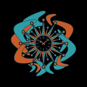 Può includere: Un orologio da parete a raggiera con un quadrante circolare centrale su sfondo nero e numeri arancioni. L'orologio è circondato da punte radianti color ottanio e arancione, con un motivo di fondo composto da forme a boomerang sovrapposte.
