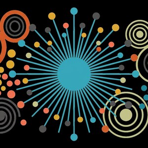 May include: A graphic design featuring a central teal circle with radiating lines ending in small coloured dots. Surrounding the centre are various concentric circles in orange, beige, and grey, along with clusters of small yellow, teal, and orange dots.
