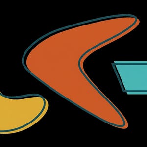May include: A graphic design featuring three distinct shapes on a black background: a mustard yellow amoeba-like form, a large orange boomerang shape, and a small teal rectangle, each outlined with a thin dark teal border for visual definition.