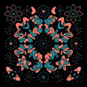 MCM Interlocking Orbit SVG Retro Pattern - Mid Century Modern Boomerang Starburst, Coral Turquoise Flat Vector Art