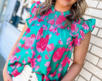 Green Floral Print Ruffled Flutter Shoulder Smocked Blouse