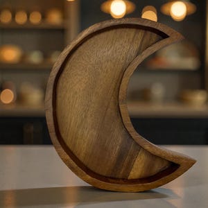May include: A crescent-shaped wooden tray with a raised edge. The tray is made of a light brown wood and has a smooth, polished finish. The tray is designed to hold small items and is suitable for decorative use.