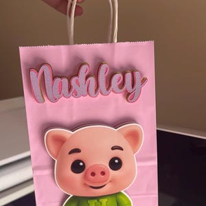 Puede incluir: Bolsa de regalo rosa con el nombre "Nashley" en fuente cursiva con ribete dorado. Un cerdo de dibujos animados con una camisa verde con la letra "H" est&aacute; en la parte delantera de la bolsa. La bolsa tiene asas de cuerda blanca.