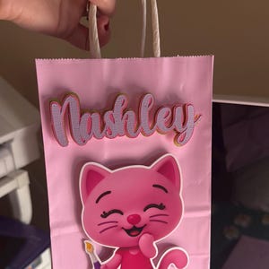 Puede incluir: Bolsa de regalo rosa con el nombre "Nashley" en fuente cursiva. Un personaje de dibujos animados de un gato rosa con un pincel est&aacute; en la parte delantera de la bolsa. La bolsa tiene asas de papel blanco.