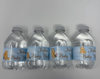 Etiketter till Nalle Puhs vattenflaskor: Babyshower-klistermärken (set om 4)