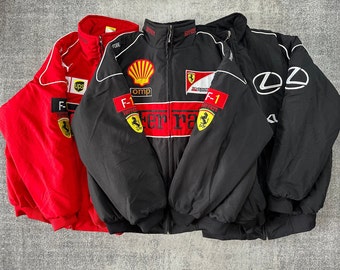Black Ferrari Racing Jacket, Embroidery Shell Ferrari Jacket Gift for Her,F1 Jacket Gift, Nascar Bomber streetwear jacket
