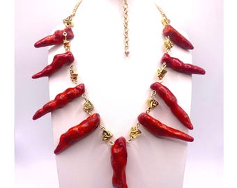 Red Coral Horns Charms Necklace 22”