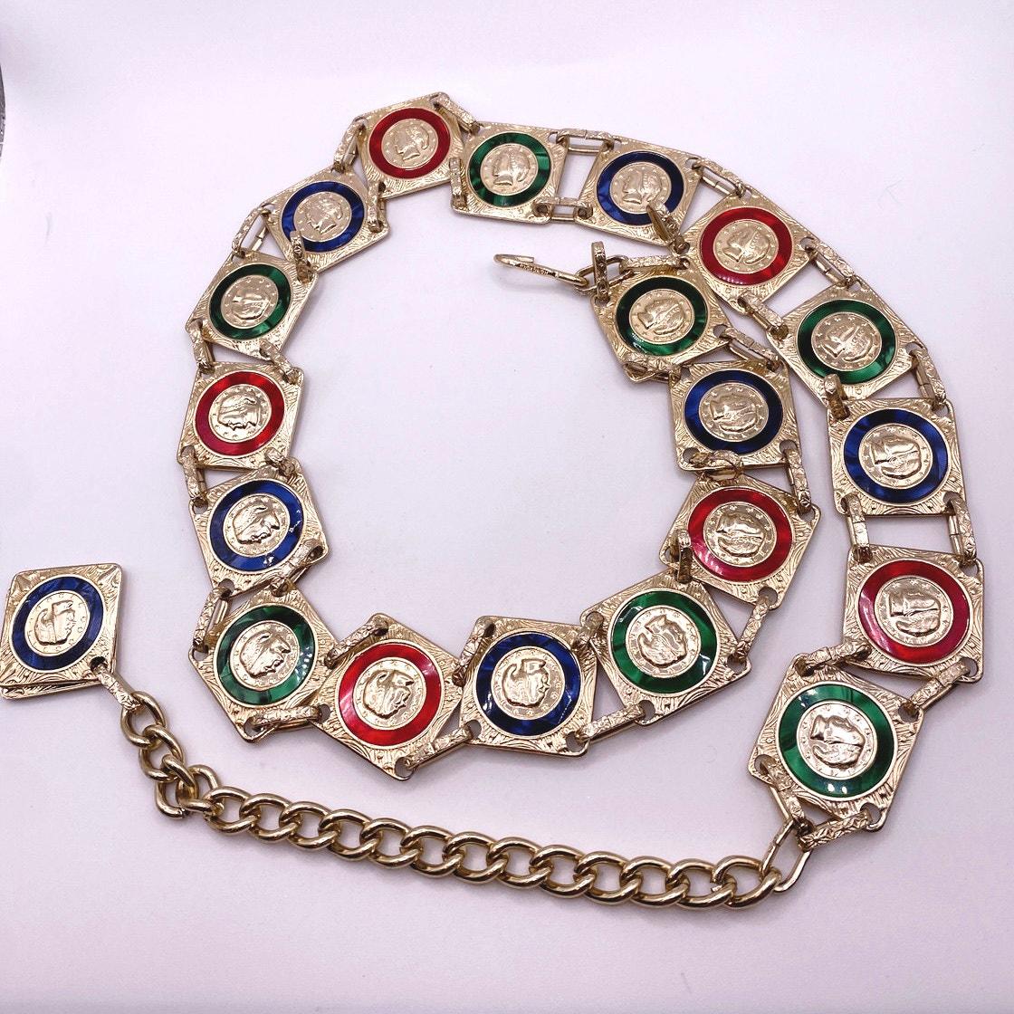 Vintage Belt Hong Kong Signed Gold Tone Enamel Color Coin 37 