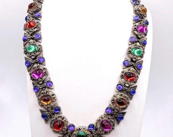 Vintage Etruscan Revival Necklace Multicolor Molded Glass Cabochon Ornate Links