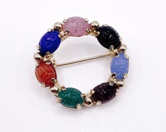 Vintage Egyptian Revival Scarab Gemstones Brooch 1” Long