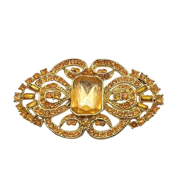 Art Deco Style Orange Rhinestones Brooch 2.7”