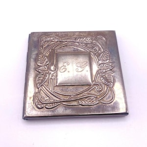Antique Art Deco Double Mirror Compact Box Silver Plated And Initials E G
