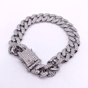 Silver Tone Cuban Link Full Rhinestones Pave Alloy Bracelet