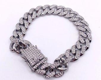 Silver Tone Cuban Link Full Rhinestones Pave Alloy Bracelet