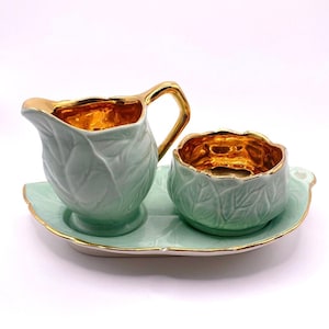 Royal Winton Golden Age Porcelain Jade Green and Gold Plated Creamer and Sugar Set