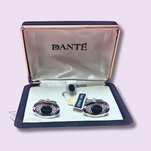Dante Silver and Onyx Cufflinks and Tie Tack Set on Original Box