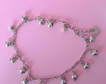 Sterling Silver Puffy Hearts Charms Anklet 9.5"