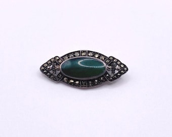 Art Deco Sterling Silver and Green Agate Brooch With Marcasite