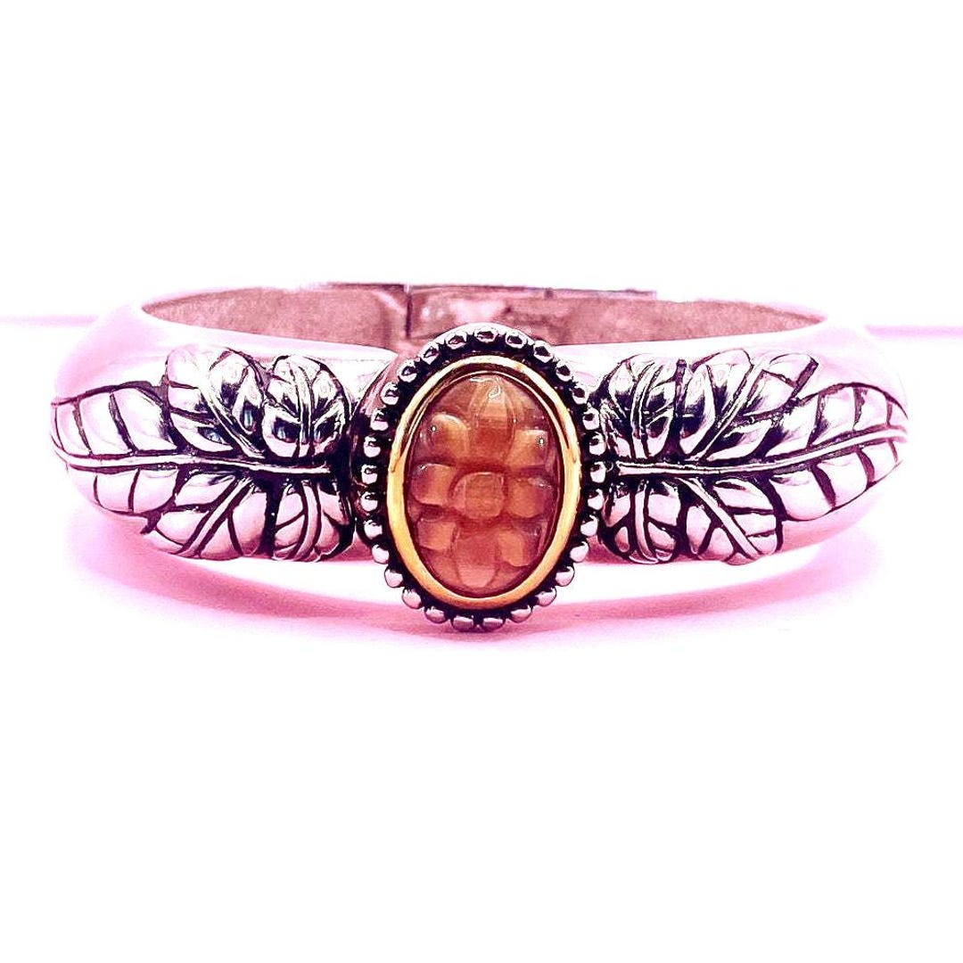Vintage Silver Tone Cuff With Glow Moon Carved Stone 7 Inch Wrist