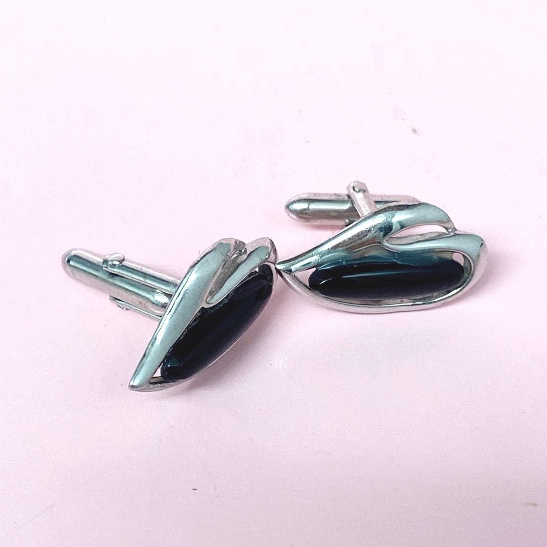 Boutons De Manchettes Vintage Swank - Ton Argent Avec Pierre D'onyx Noire - Style Moderniste Milieu De Siècle