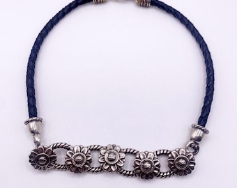 Vintage Brighton Leather Cord Necklace With Daisy Flowers