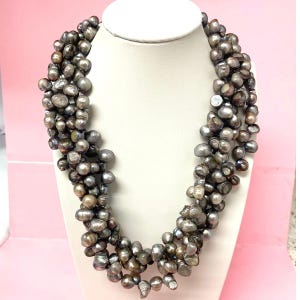 Vintage Multi Strand Gray Freshwater Pearl Necklace with Sterling Silver Toggle 16”