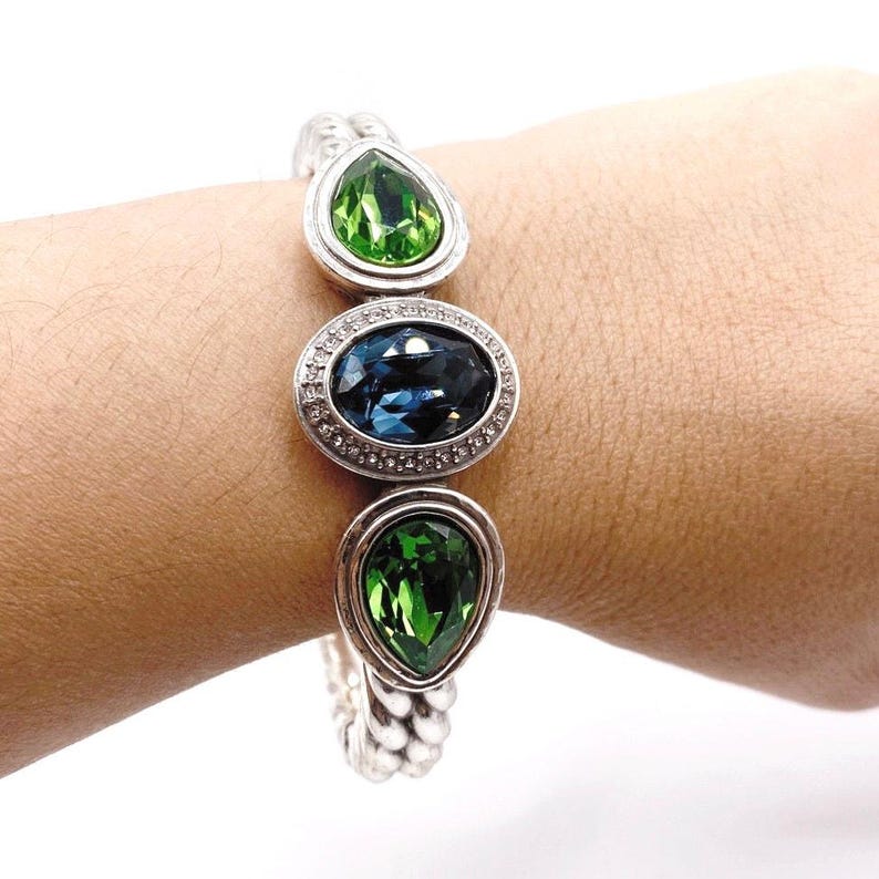 Vintage Brighton Cuff Bracelet 7” with Green and Blue Swarovski Stones image 3