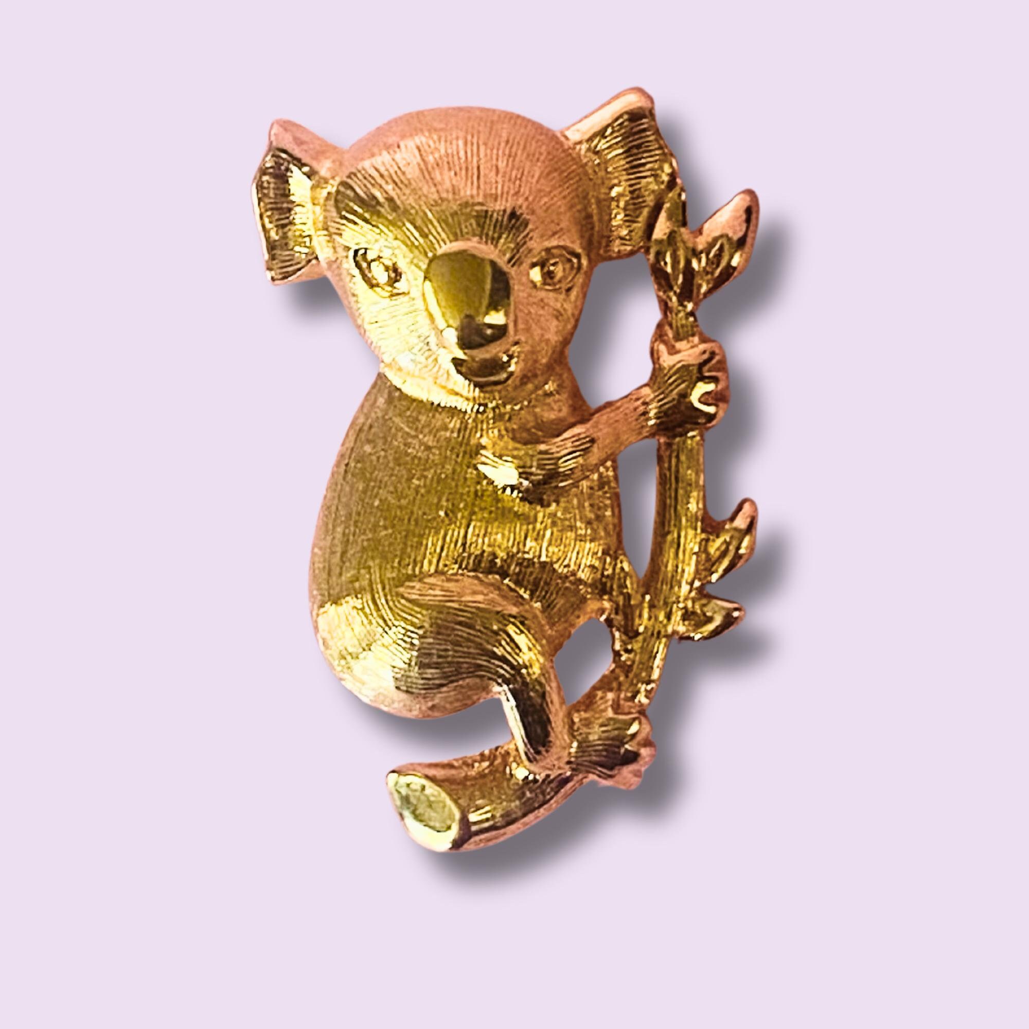 Broche Koala Métal Argenté & Doré Avec Pâte De Verre - Années 80 - Vintage