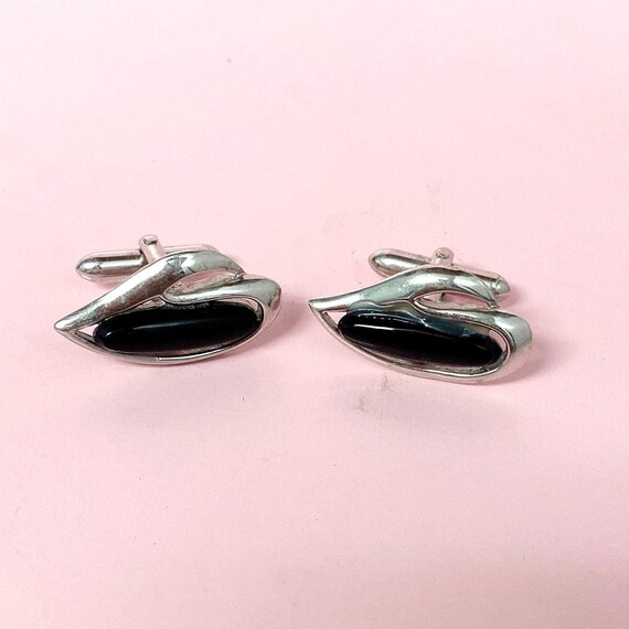Boutons De Manchettes Vintage Swank - Ton Argent Avec Pierre D'onyx Noire - Style Moderniste Milieu De Siècle