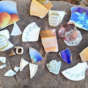 May include: A collection of broken ceramic pieces, including fragments of plates, cups, and a glass. Some pieces feature floral patterns, fruit illustrations, and the text "World's Greatest Friend". The items are arranged on a wooden surface.