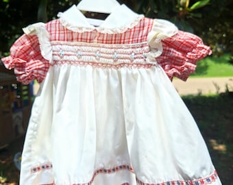 Vintage Baby Girl Smocked Dress, Red Plaid / Check w/ White Apron, Blue Floral Trim, Puff Sleeves, Buttons, Classic, 70s 80s Western Vibes