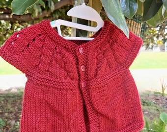 Handmade Baby Dress Crimson Red, Toddler Cardigan Sweater, Top, Crochet Knit Yarn Button Closure, Short Sleeve