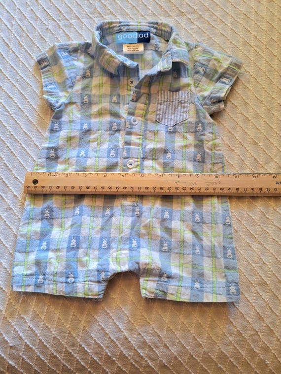 Vintage Baby Boy Easter Shortall: Blue Plaid Bunn… - image 6