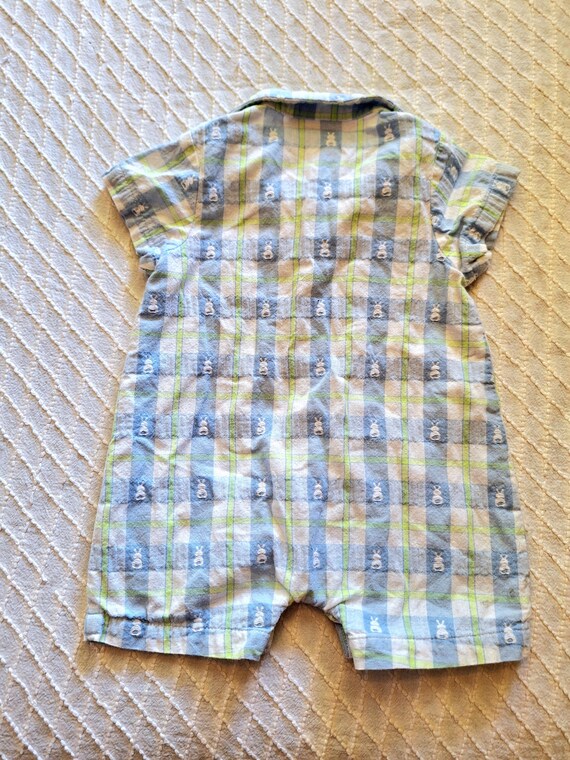Vintage Baby Boy Easter Shortall: Blue Plaid Bunn… - image 2