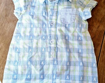 Baby Boy Easter Spring Collared Button-Up One Piece Shortall Blue White Green Bunny Rabbits 3- 6 Months Church Outfit Party Photos
