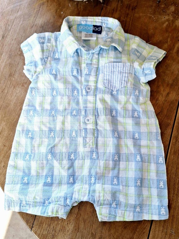 Vintage Baby Boy Easter Shortall: Blue Plaid Bunn… - image 1
