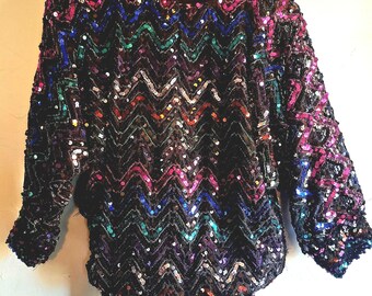 Sparkly Sequined Blouse Top Shirt, Colorful  Zig Zag Chevron Multicolor Pattern Blue Turquoise Pink Black Copper Disco Formal Cocktail Party