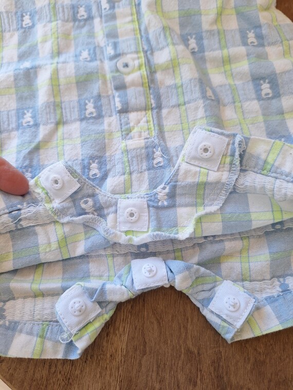 Vintage Baby Boy Easter Shortall: Blue Plaid Bunn… - image 4