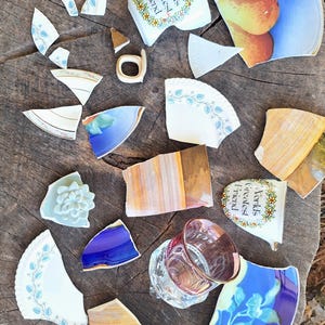 May include: Shattered pieces of various ceramic items, including plates, a mug with "World's Greatest Friend" text, and a glass. The fragments display floral patterns, fruit designs, and a range of colors like blue, white, and orange.