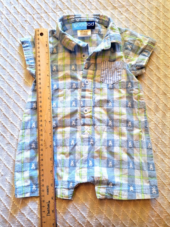 Vintage Baby Boy Easter Shortall: Blue Plaid Bunn… - image 8