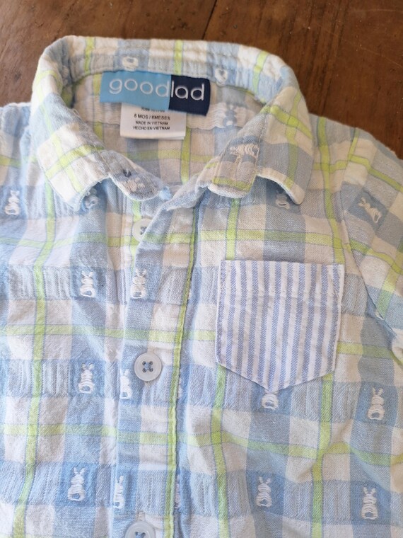 Vintage Baby Boy Easter Shortall: Blue Plaid Bunn… - image 3