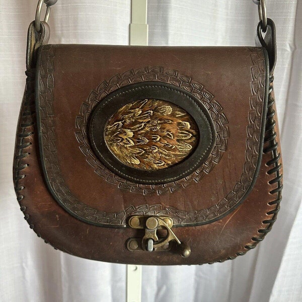 Vintage 1970’s Brown Leather Saddle Bag Purse With Feathers