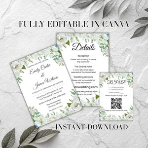 May include: Wedding invitation suite featuring floral designs and the names Emily Carter & James Wilson. Includes details card, RSVP card with QR code, and invitation. The text reads "Fully Editable in Canva" and "Instant Download".
