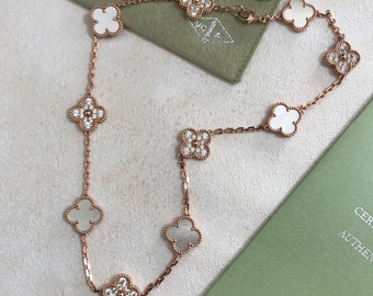 Authentieke Van Cleef ketting vintage ALHAMBRA 18K roségouden parelmoer klavertje vier 10 motief ketting met diamanten ketting