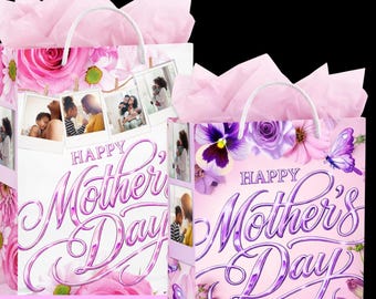 Custom Mothers Day Gift Bag Template for Canva Pro|Floral Photo Gift Wrap DIY|Edge to Edge Personalized Gift Bag Design|Digital Download